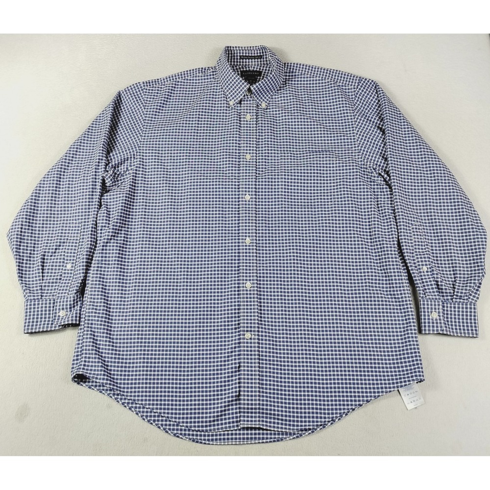 Lands' End Dress Shirt Mens 17 34/35 Blue Gingham No Iron Oxford Wrinkle Free